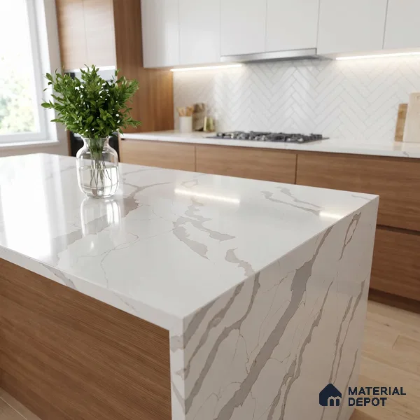 Belina Quartz QR 00347 Ivory Cascade Mini Jumbo Helsinki Series 10.53 ft x 4.79 ft Quartz - 20 mm | 10 Years and Replacement Warranty | Suitable for Kitchen, Restaurant, Counter Tops, Dining, Reception, office