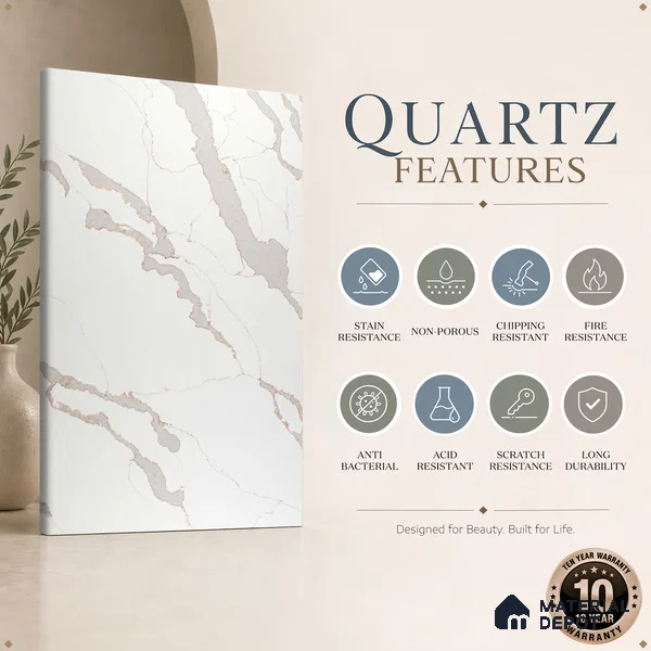 Belina Quartz QR 00347 Ivory Cascade Mini Jumbo Helsinki Series 10.53 ft x 4.79 ft Quartz - 20 mm | 10 Years and Replacement Warranty | Suitable for Kitchen, Restaurant, Counter Tops, Dining, Reception, office