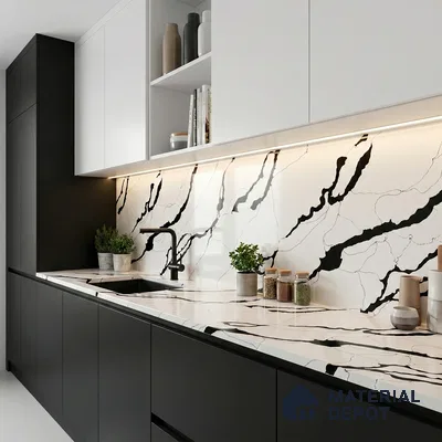 Belina Quartz QR 00348 B Noir Cascade Jumbo Helsinki Series 10.83 ft x 5.41 ft Quartz - 20 mm | 10 Years and Replacement Warranty | Suitable for Kitchen, Restaurant, Counter Tops, Dining, Reception, office