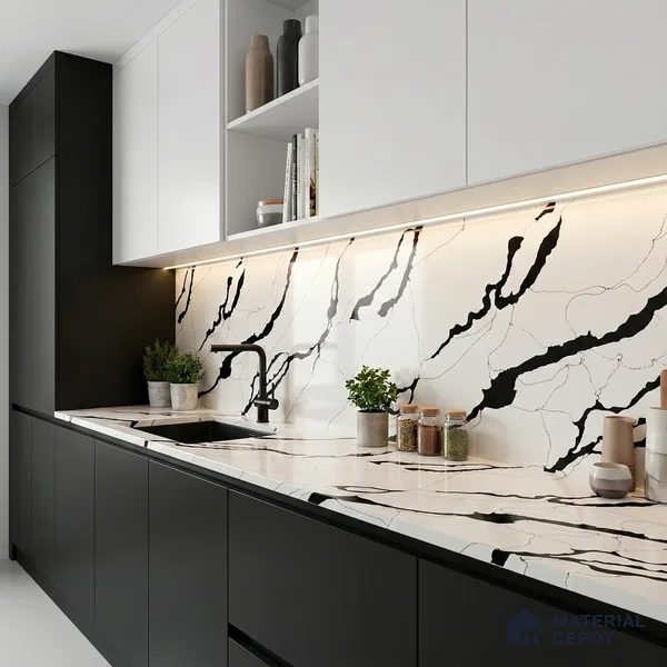 Belina Quartz QR 00348 B Noir Cascade Jumbo Helsinki Series 10.83 ft x 5.41 ft Quartz - 20 mm | 10 Years and Replacement Warranty | Suitable for Kitchen, Restaurant, Counter Tops, Dining, Reception, office
