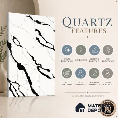 Belina Quartz QR 00348 B Noir Cascade Jumbo Helsinki Series 10.83 ft x 5.41 ft Quartz - 20 mm | 10 Years and Replacement Warranty | Suitable for Kitchen, Restaurant, Counter Tops, Dining, Reception, office