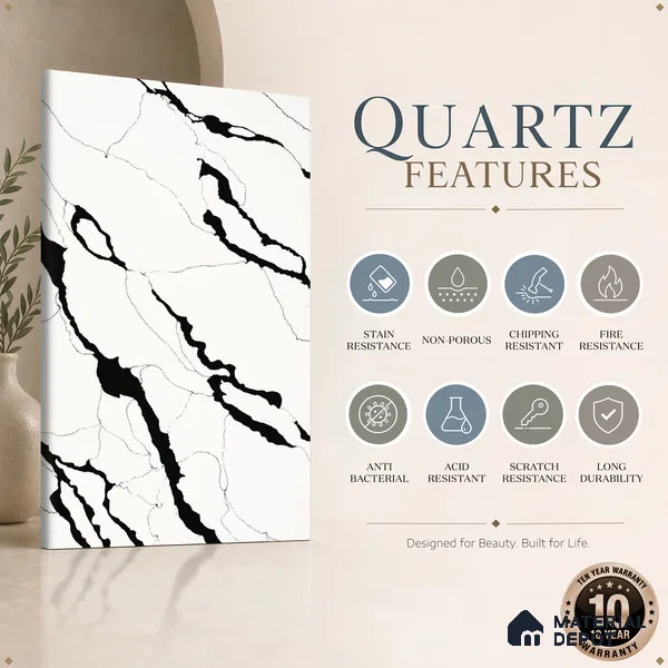 Belina Quartz QR 00348 B Noir Cascade Jumbo Helsinki Series 10.83 ft x 5.41 ft Quartz - 20 mm | 10 Years and Replacement Warranty | Suitable for Kitchen, Restaurant, Counter Tops, Dining, Reception, office