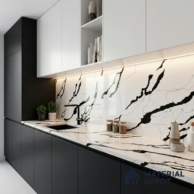 Belina Quartz QR 00348 Noir Cascade Mini Jumbo Helsinki Series 10.53 ft x 4.79 ft Quartz - 20 mm | 10 Years and Replacement Warranty | Suitable for Kitchen, Restaurant, Counter Tops, Dining, Reception, office