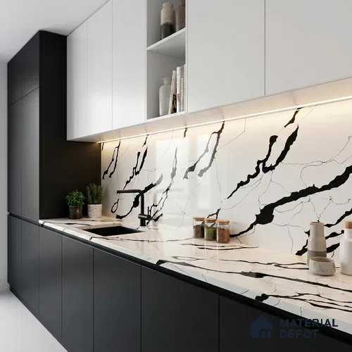 Belina Quartz QR 00348 Noir Cascade Mini Jumbo Helsinki Series 10.53 ft x 4.79 ft Quartz - 20 mm | 10 Years and Replacement Warranty | Suitable for Kitchen, Restaurant, Counter Tops, Dining, Reception, office