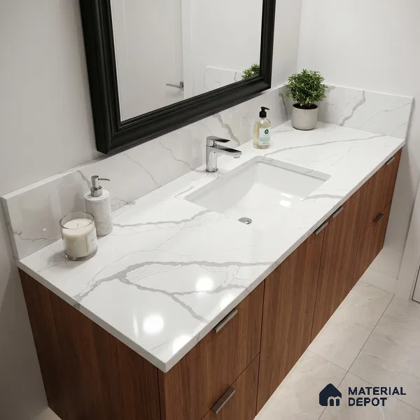 Belina Quartz QR 00349 B Luminous Calacatta Jumbo Helsinki Series 10.83 ft x 5.41 ft Quartz - 20 mm | 10 Years and Replacement Warranty | Suitable for Kitchen, Restaurant, Counter Tops, Dining, Reception, office