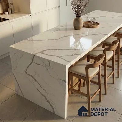 Belina Quartz QR 00349 B Luminous Calacatta Jumbo Helsinki Series 10.83 ft x 5.41 ft Quartz - 20 mm | 10 Years and Replacement Warranty | Suitable for Kitchen, Restaurant, Counter Tops, Dining, Reception, office