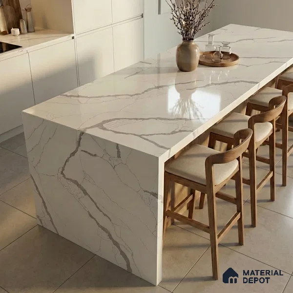 Belina Quartz QR 00349 B Luminous Calacatta Jumbo Helsinki Series 10.83 ft x 5.41 ft Quartz - 20 mm | 10 Years and Replacement Warranty | Suitable for Kitchen, Restaurant, Counter Tops, Dining, Reception, office