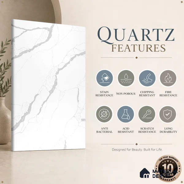 Belina Quartz QR 00349 B Luminous Calacatta Jumbo Helsinki Series 10.83 ft x 5.41 ft Quartz - 20 mm | 10 Years and Replacement Warranty | Suitable for Kitchen, Restaurant, Counter Tops, Dining, Reception, office