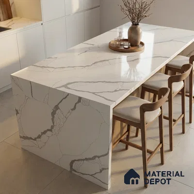 Belina Quartz QR 00349 Luminous Calacatta Mini Jumbo Helsinki Series 10.53 ft x 4.79 ft Quartz - 20 mm | 10 Years and Replacement Warranty | Suitable for Kitchen, Restaurant, Counter Tops, Dining, Reception, office