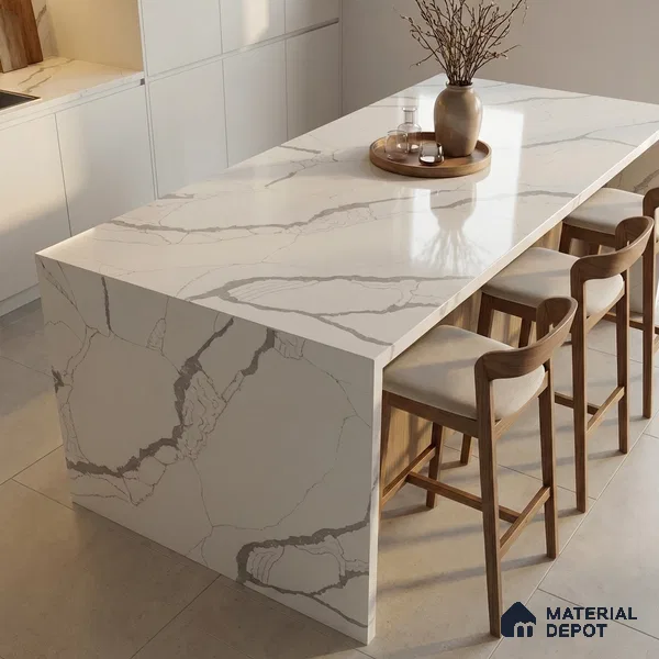 Belina Quartz QR 00349 Luminous Calacatta Mini Jumbo Helsinki Series 10.53 ft x 4.79 ft Quartz - 20 mm | 10 Years and Replacement Warranty | Suitable for Kitchen, Restaurant, Counter Tops, Dining, Reception, office