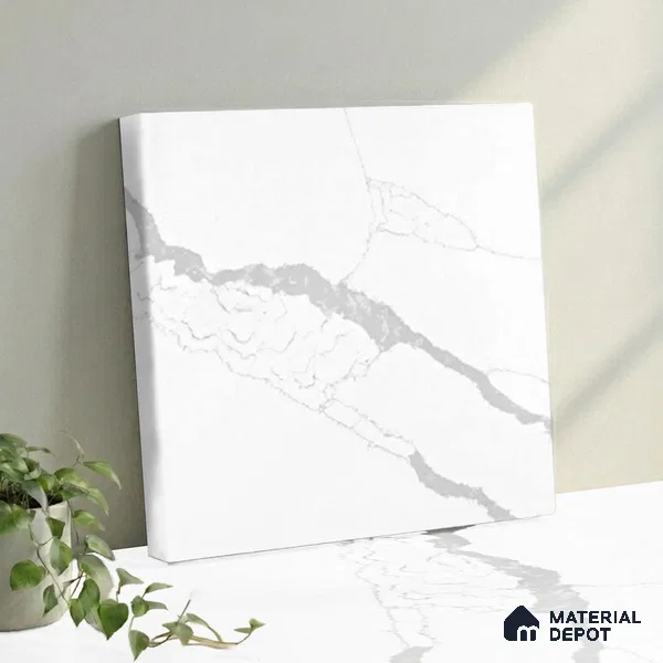 Belina Quartz QR 00349 Luminous Calacatta Mini Jumbo Helsinki Series 10.53 ft x 4.79 ft Quartz - 20 mm | 10 Years and Replacement Warranty | Suitable for Kitchen, Restaurant, Counter Tops, Dining, Reception, office