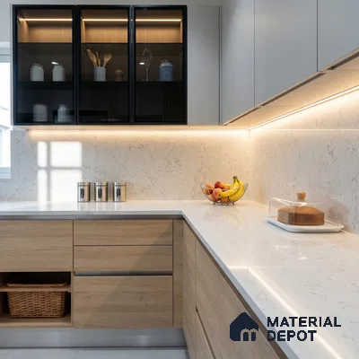 Belina Quartz QR 00350 Frosted Carrara Mini Jumbo Helsinki Series 10.53 ft x 4.79 ft Quartz - 20 mm | 10 Years and Replacement Warranty | Suitable for Kitchen, Restaurant, Counter Tops, Dining, Reception, office