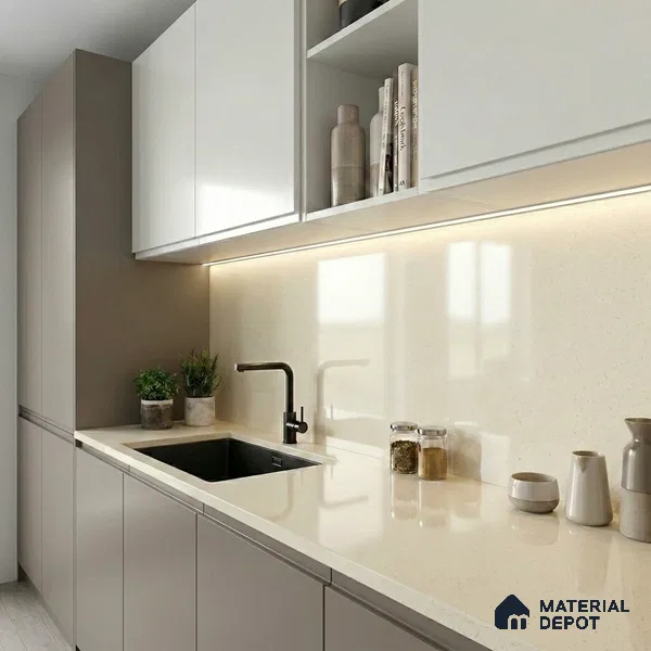 Belina Quartz QR 00359 B Almond Mist Jumbo Helsinki Series 10.83 ft x 5.41 ft Quartz - 20 mm | 10 Years and Replacement Warranty | Suitable for Kitchen, Restaurant, Counter Tops, Dining, Reception, office