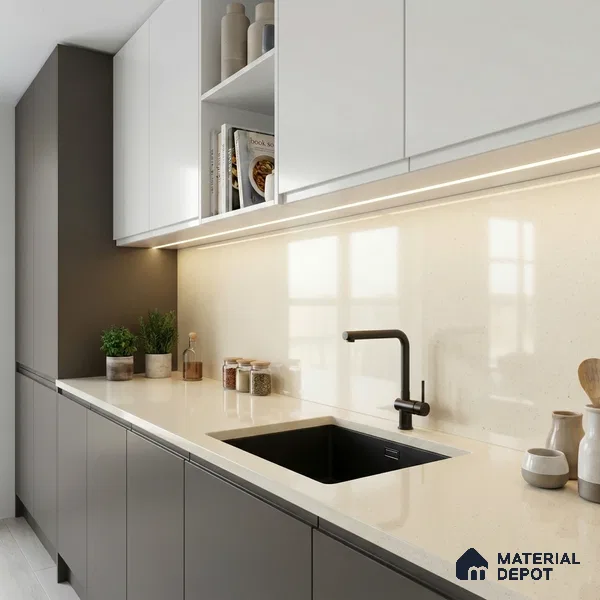 Belina Quartz QR 00359 Almond Mist Mini Jumbo Helsinki Series 10.53 ft x 4.79 ft Quartz - 20 mm | 10 Years and Replacement Warranty | Suitable for Kitchen, Restaurant, Counter Tops, Dining, Reception, office