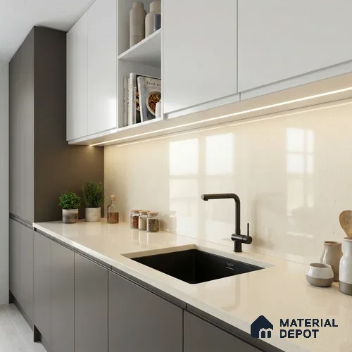 Belina Quartz QR 00359 Almond Mist Mini Jumbo Helsinki Series 10.53 ft x 4.79 ft Quartz - 20 mm | 10 Years and Replacement Warranty | Suitable for Kitchen, Restaurant, Counter Tops, Dining, Reception, office