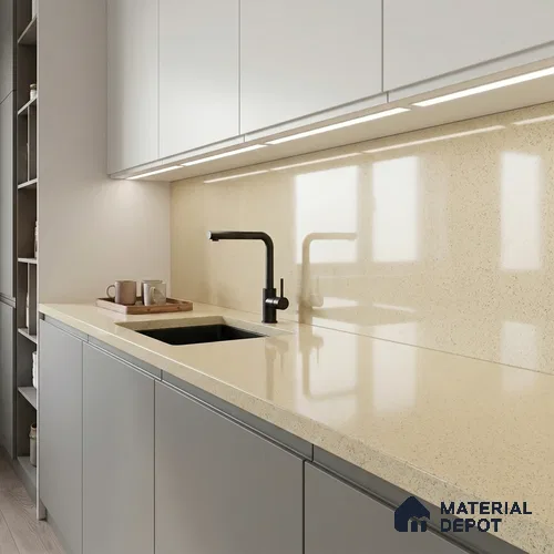 Belina Quartz QR 00360 Sable Mist Mini Jumbo Helsinki Series 10.53 ft x 4.79 ft Quartz - 20 mm | 10 Years and Replacement Warranty | Suitable for Kitchen, Restaurant, Counter Tops, Dining, Reception, office