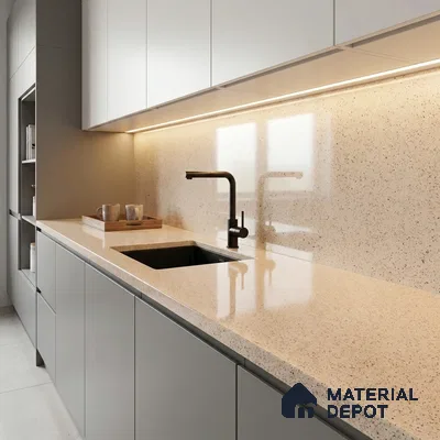 Belina Quartz QR 00366 Champagne Mist Mini Jumbo Helsinki Series 10.53 ft x 4.79 ft Quartz - 20 mm | 10 Years and Replacement Warranty | Suitable for Kitchen, Restaurant, Counter Tops, Dining, Reception, office