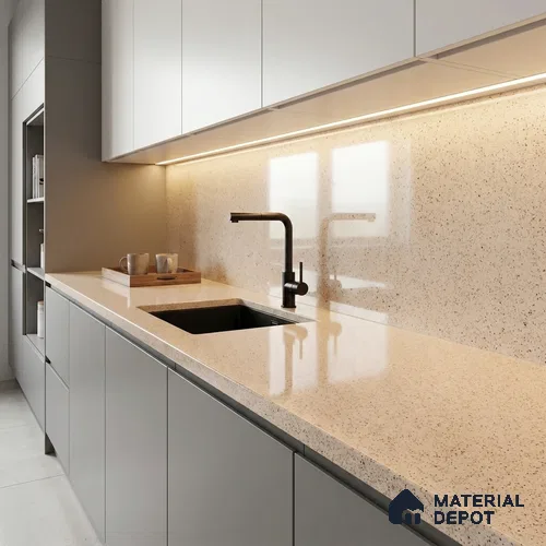 Belina Quartz QR 00366 Champagne Mist Mini Jumbo Helsinki Series 10.53 ft x 4.79 ft Quartz - 20 mm | 10 Years and Replacement Warranty | Suitable for Kitchen, Restaurant, Counter Tops, Dining, Reception, office
