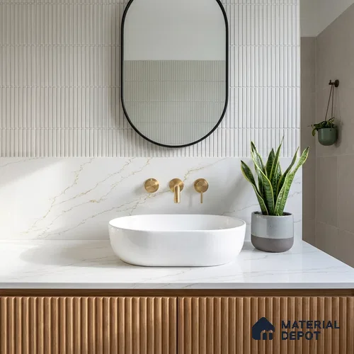 Belina Quartz QR 00372 Calacatta Milano Gold Value Series 10.5 ft x 5.25 ft Quartz - 20 mm | 5 Years Warranty | Suitable for Kitchen, Restaurant, Counter Tops, Dining, Reception, office