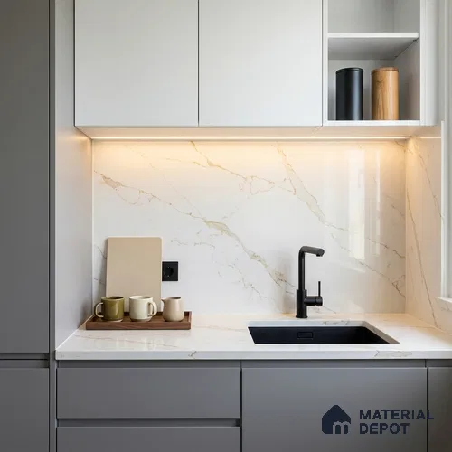Belina Quartz QR 00372 Calacatta Milano Gold Value Series 10.5 ft x 5.25 ft Quartz - 20 mm | 5 Years Warranty | Suitable for Kitchen, Restaurant, Counter Tops, Dining, Reception, office