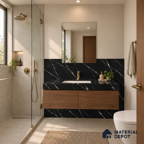 Belina Quartz QR 00373 Nero Markino Silk Value Series 10.5 ft x 5.31 ft Quartz - 20 mm | 5 Years Warranty | Suitable for Kitchen, Restaurant, Counter Tops, Dining, Reception, office