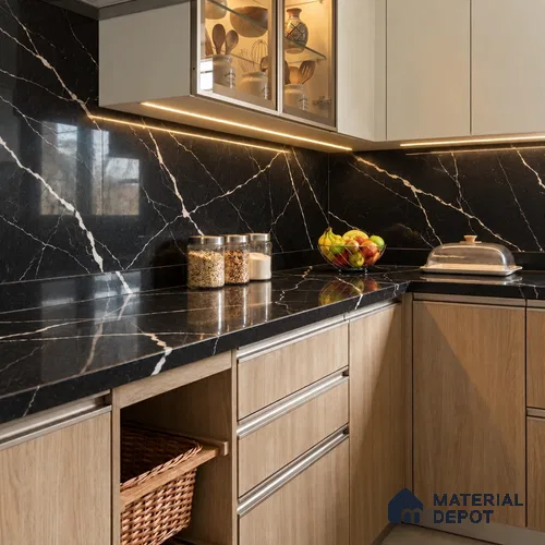 Belina Quartz QR 00373 Nero Markino Silk Value Series 10.5 ft x 5.31 ft Quartz - 20 mm | 5 Years Warranty | Suitable for Kitchen, Restaurant, Counter Tops, Dining, Reception, office