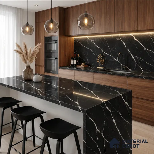 Belina Quartz QR 00373 Nero Markino Silk Value Series 10.5 ft x 5.31 ft Quartz - 20 mm | 5 Years Warranty | Suitable for Kitchen, Restaurant, Counter Tops, Dining, Reception, office