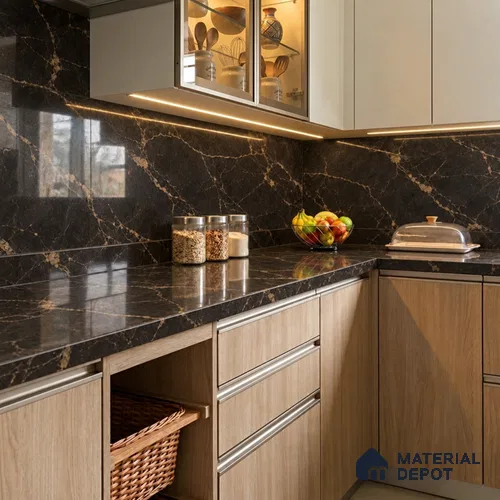 Belina Quartz QR 00374 Golden Thunder Value Series 10.5 ft x 5.31 ft Quartz - 20 mm | 5 Years Warranty | Suitable for Kitchen, Restaurant, Counter Tops, Dining, Reception, office