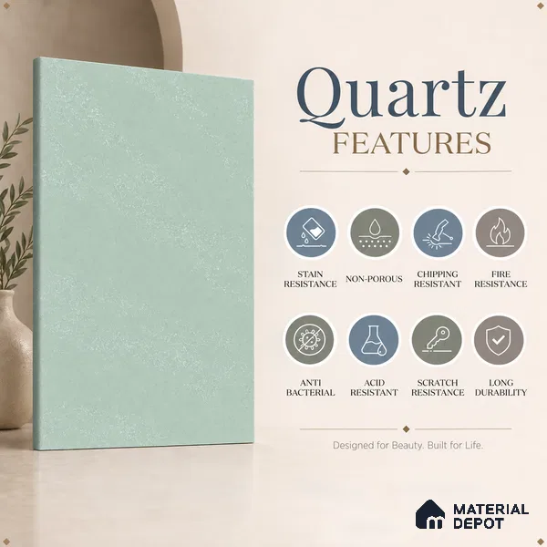 Belina Quartz QR 00379 Celadon Mist Value Series 10.5 ft x 5.25 ft Quartz - 20 mm | 5 Years Warranty | Suitable for Kitchen, Restaurant, Counter Tops, Dining, Reception, office