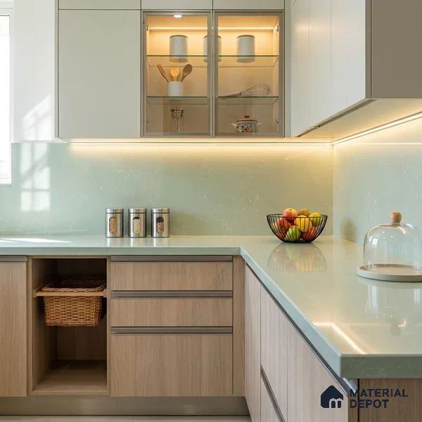 Belina Quartz QR 00379 Celadon Mist Value Series 10.5 ft x 5.25 ft Quartz - 20 mm | 5 Years Warranty | Suitable for Kitchen, Restaurant, Counter Tops, Dining, Reception, office