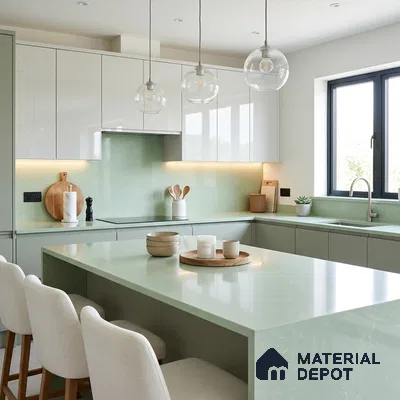 Belina Quartz QR 00379 Celadon Mist Value Series 10.5 ft x 5.25 ft Quartz - 20 mm | 5 Years Warranty | Suitable for Kitchen, Restaurant, Counter Tops, Dining, Reception, office