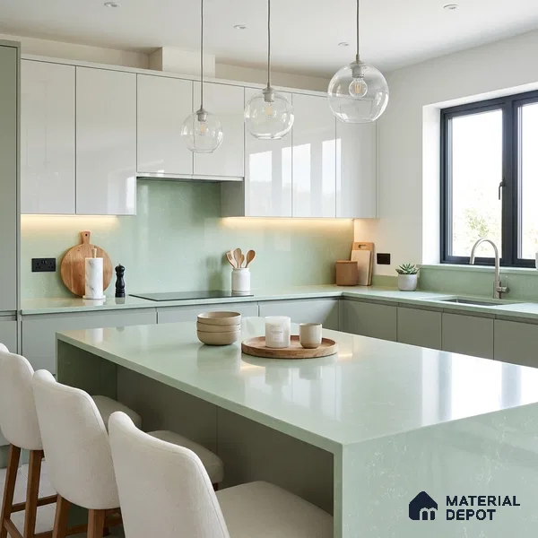 Belina Quartz QR 00379 Celadon Mist Value Series 10.5 ft x 5.25 ft Quartz - 20 mm | 5 Years Warranty | Suitable for Kitchen, Restaurant, Counter Tops, Dining, Reception, office