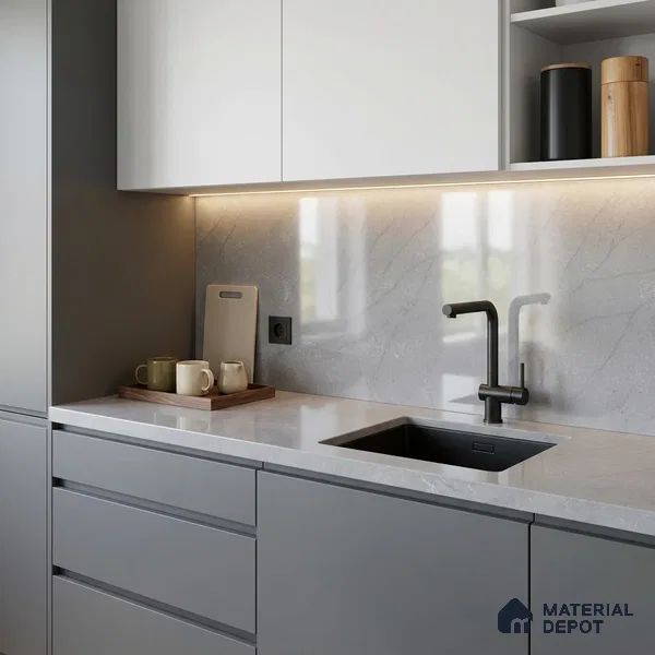 Belina Quartz QR 00382 Nimbus Ash Helsinki Series 10.5 ft x 5.35 ft Quartz - 20 mm | 10 Years and Replacement Warranty | Suitable for Kitchen, Restaurant, Counter Tops, Dining, Reception, office