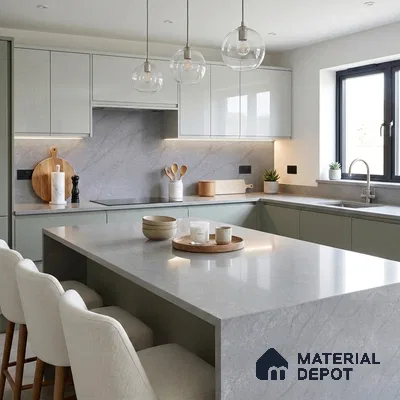Belina Quartz QR 00382 Nimbus Ash Helsinki Series 10.5 ft x 5.35 ft Quartz - 20 mm | 10 Years and Replacement Warranty | Suitable for Kitchen, Restaurant, Counter Tops, Dining, Reception, office
