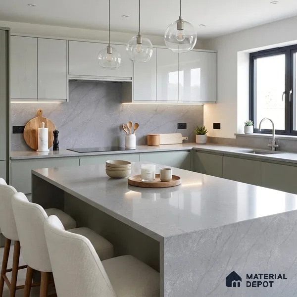 Belina Quartz QR 00382 Nimbus Ash Helsinki Series 10.5 ft x 5.35 ft Quartz - 20 mm | 10 Years and Replacement Warranty | Suitable for Kitchen, Restaurant, Counter Tops, Dining, Reception, office