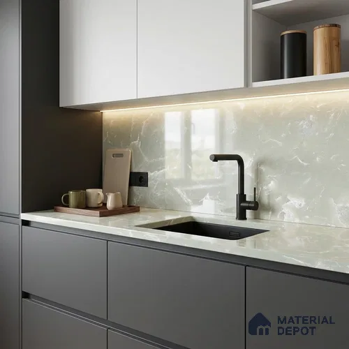 Belina Quartz QR 00396 Nilgiri Green Regalia Series 10.75 ft x 5.42 ft Quartz - 20 mm | 10 Years Warranty | Suitable for Kitchen, Restaurant, Counter Tops, Dining, Reception, office