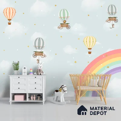 Rainbow & Hot Air Balloons Themes Children Room Wall Designs, Custom Wallpaper Sparkla N Shine Series Handmade Entertainment Design (Customised Size Wallpaper)