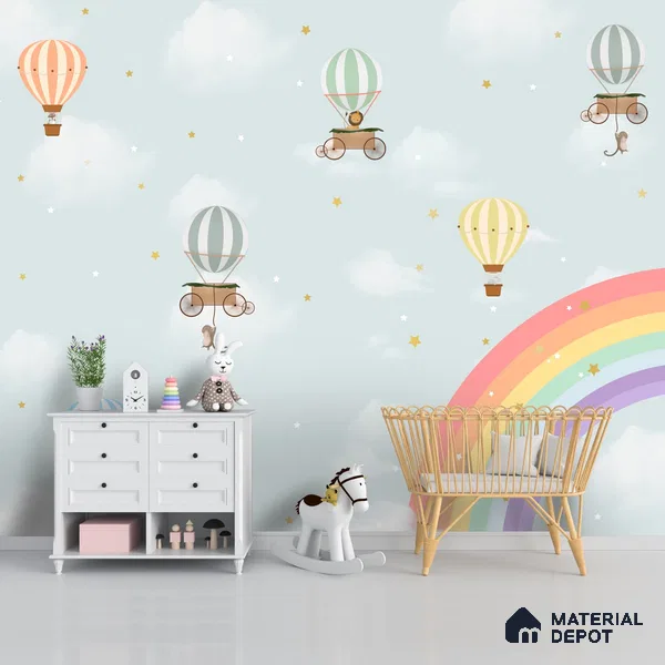 Rainbow & Hot Air Balloons Themes Children Room Wall Designs, Custom Wallpaper Sparkla N Shine Series Handmade Entertainment Design (Customised Size Wallpaper)