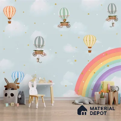 Rainbow & Hot Air Balloons Themes Children Room Wall Designs, Custom Wallpaper Sparkla N Shine Series Handmade Entertainment Design (Customised Size Wallpaper)
