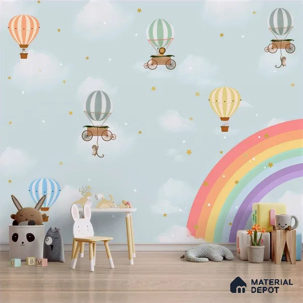Rainbow & Hot Air Balloons Themes Children Room Wall Designs, Custom Wallpaper Sparkla N Shine Series Handmade Entertainment Design (Customised Size Wallpaper)