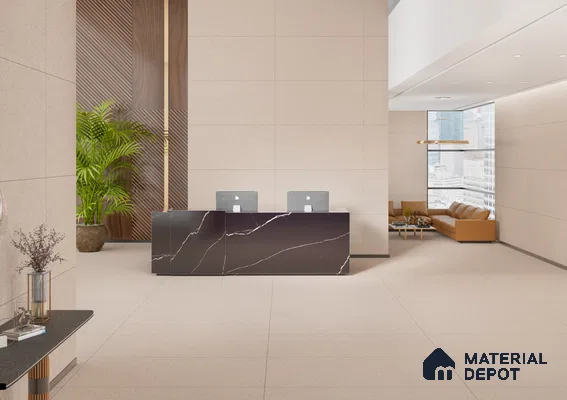 Elegant Beige Reception Area with Marble Black Desk | Material Depot