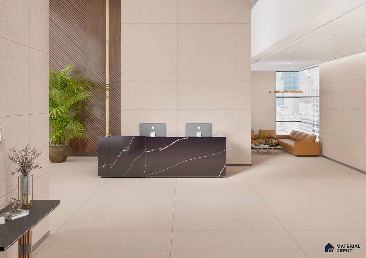 Elegant Beige Reception Area with Marble Black Desk | Material Depot