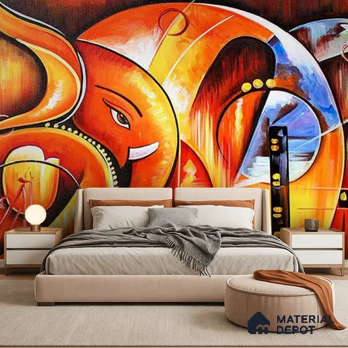 Invocation of Beginnings Ganesh | WP 04102 B Canvas Texture Finish Indian Style luxurious Customized size Wallpaper | 250 GSM WP01CNF Paper | (MOQ = 30 Sq. Ft.)