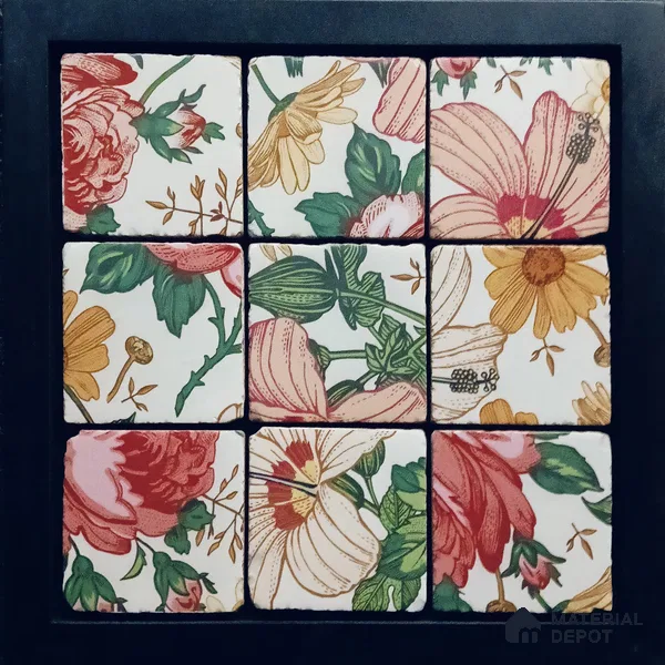 Handmade Third Fired Tumbled Tile TL 12994 Crimson Botanica 97x97 mm Glazed Matte Finish Vitrified Mutipurpose Wall & Floor English Series Tile - 9 mm