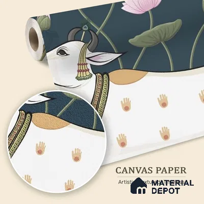 Sacred Cows in Serenity, Pichwai Yellow Wallpaper Indrani Series Canvas Artistic Design (Customised Size Wallpaper )