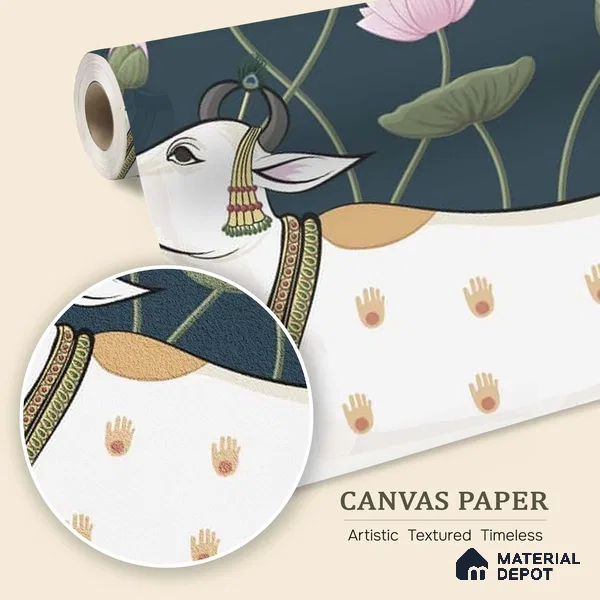 Sacred Cows in Serenity, Pichwai Yellow Wallpaper Indrani Series Canvas Artistic Design (Customised Size Wallpaper )