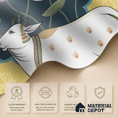 Sacred Cows in Serenity, Pichwai Yellow Wallpaper Indrani Series Canvas Artistic Design (Customised Size Wallpaper )