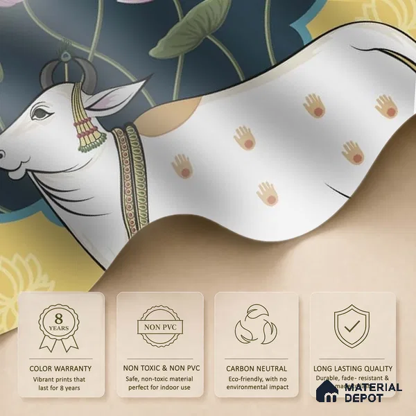 Sacred Cows in Serenity, Pichwai Yellow Wallpaper Indrani Series Canvas Artistic Design (Customised Size Wallpaper )