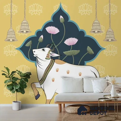 Sacred Cows in Serenity, Pichwai Yellow Wallpaper Indrani Series Canvas Artistic Design (Customised Size Wallpaper )