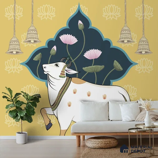 Sacred Cows in Serenity, Pichwai Yellow Wallpaper Indrani Series Canvas Artistic Design (Customised Size Wallpaper )